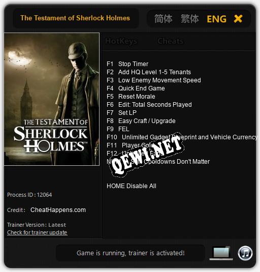 The Testament of Sherlock Holmes: Трейнер +15 [v1.7]