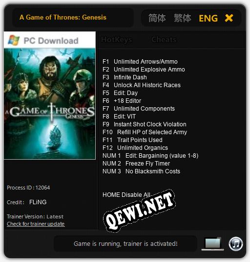 Трейнер для A Game of Thrones: Genesis [v1.0.8]