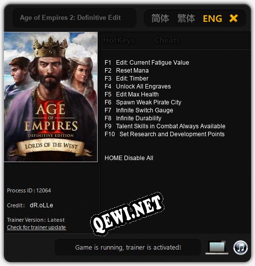 Трейнер для Age of Empires 2: Definitive Edition Lords of the West [v1.0.4]