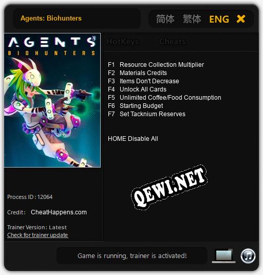 Трейнер для Agents: Biohunters [v1.0.5]