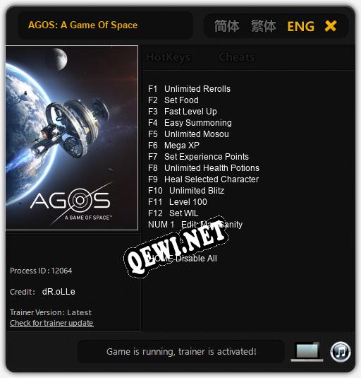 Трейнер для AGOS: A Game Of Space [v1.0.6]