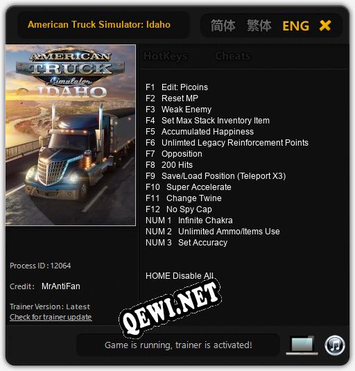 Трейнер для American Truck Simulator: Idaho [v1.0.8]