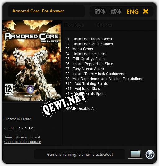 Armored Core: For Answer: Читы, Трейнер +12 [dR.oLLe]