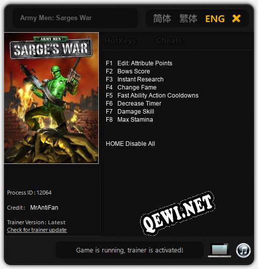 Трейнер для Army Men: Sarges War [v1.0.8]