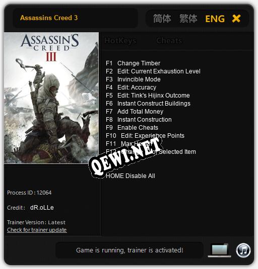 Assassins Creed 3: Читы, Трейнер +12 [dR.oLLe]