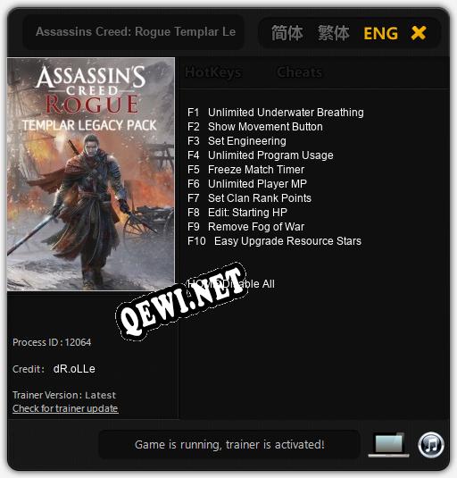 Трейнер для Assassins Creed: Rogue Templar Legacy Pack [v1.0.8]