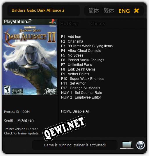 Трейнер для Baldurs Gate: Dark Alliance 2 [v1.0.3]