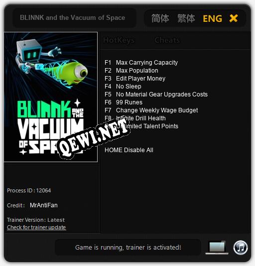 Трейнер для BLINNK and the Vacuum of Space [v1.0.5]