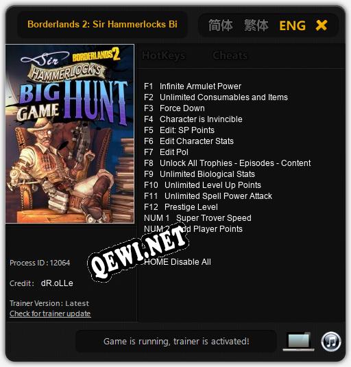 Трейнер для Borderlands 2: Sir Hammerlocks Big Game Hunt [v1.0.2]