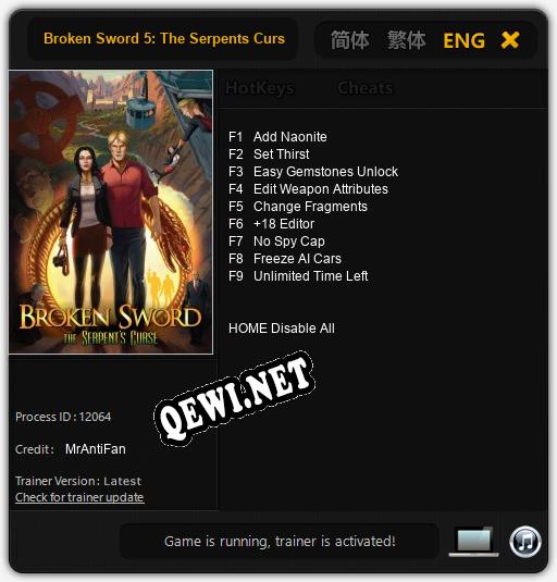 Broken Sword 5: The Serpents Curse: Трейнер +9 [v1.1]