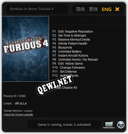 Трейнер для Brothers in Arms: Furious 4 [v1.0.9]