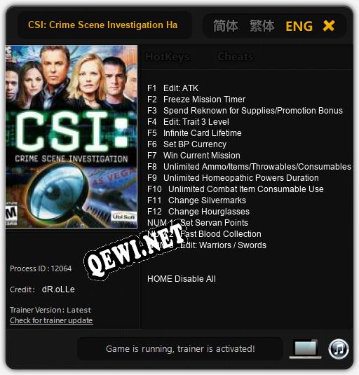 CSI: Crime Scene Investigation Hard Evidence: ТРЕЙНЕР И ЧИТЫ (V1.0.15)