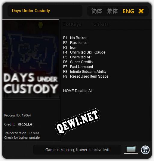 Трейнер для Days Under Custody [v1.0.2]
