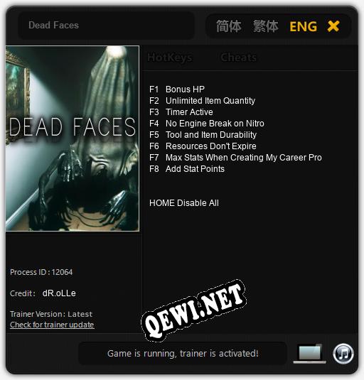 Dead Faces: Трейнер +8 [v1.9]