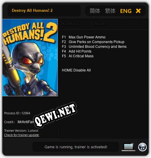 Трейнер для Destroy All Humans! 2 [v1.0.8]