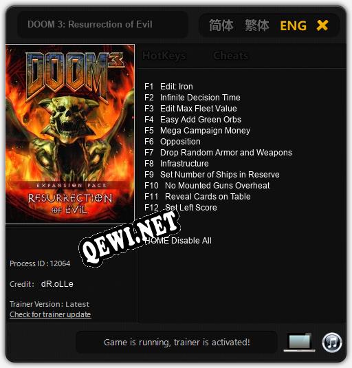 Трейнер для DOOM 3: Resurrection of Evil [v1.0.8]