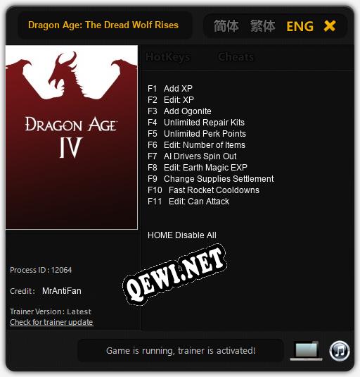 Трейнер для Dragon Age: The Dread Wolf Rises [v1.0.6]