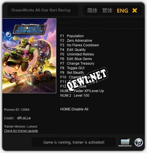 DreamWorks All-Star Kart Racing: ТРЕЙНЕР И ЧИТЫ (V1.0.86)
