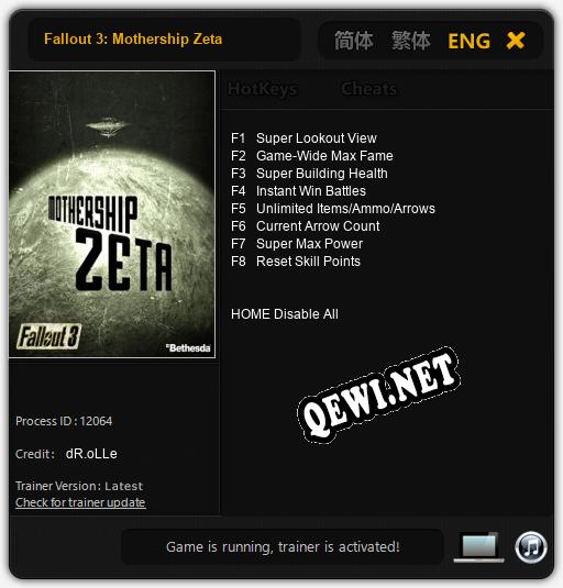Трейнер для Fallout 3: Mothership Zeta [v1.0.7]