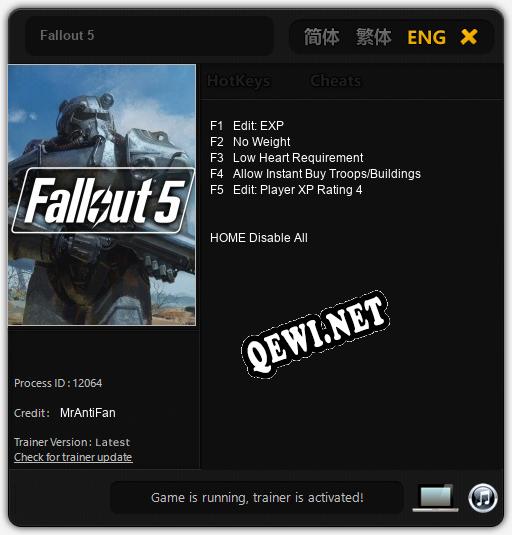 Fallout 5: Трейнер +5 [v1.4]