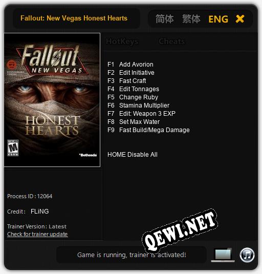 Трейнер для Fallout: New Vegas Honest Hearts [v1.0.9]