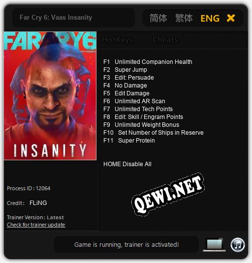 Far Cry 6: Vaas Insanity: ТРЕЙНЕР И ЧИТЫ (V1.0.19)