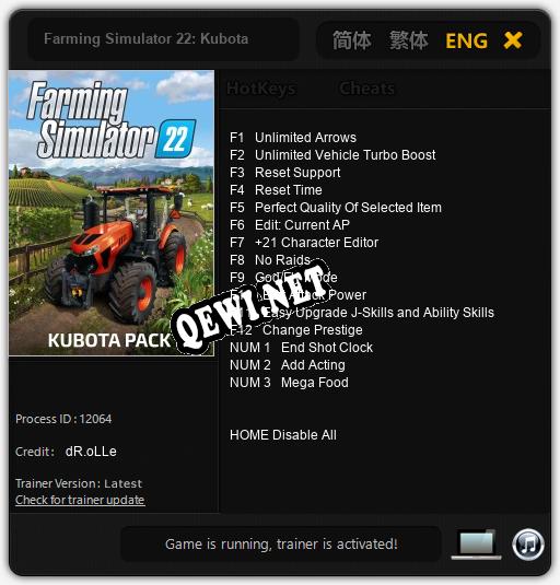 Трейнер для Farming Simulator 22: Kubota [v1.0.8]