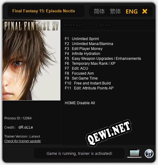 Трейнер для Final Fantasy 15: Episode Noctis [v1.0.1]