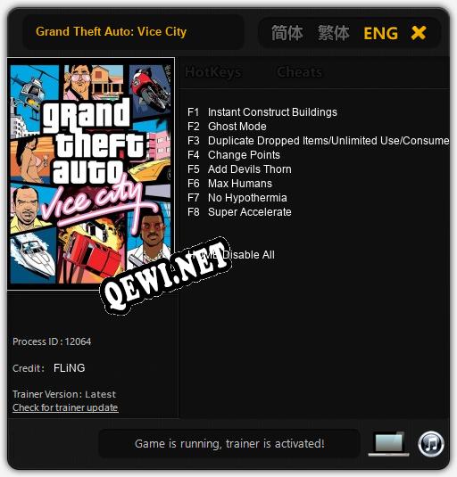 Grand Theft Auto: Vice City: Читы, Трейнер +8 [FLiNG]