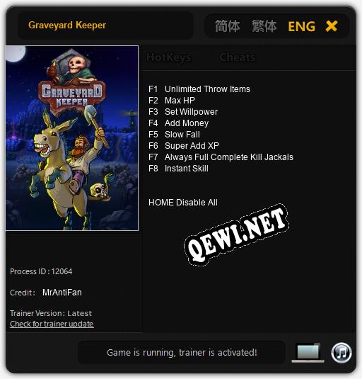 Graveyard Keeper: Трейнер +8 [v1.9]