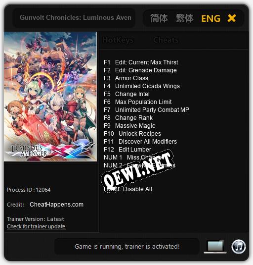 Gunvolt Chronicles: Luminous Avenger iX 2: Читы, Трейнер +14 [CheatHappens.com]