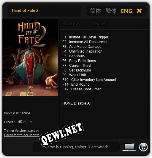 Hand of Fate 2: Трейнер +12 [v1.2]
