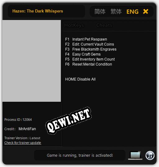 Трейнер для Hazen: The Dark Whispers [v1.0.4]