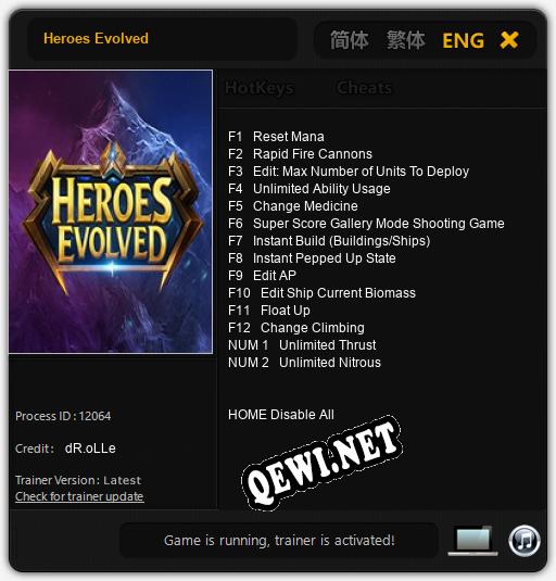 Трейнер для Heroes Evolved [v1.0.7]