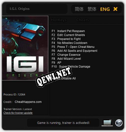 I.G.I. Origins: ТРЕЙНЕР И ЧИТЫ (V1.0.65)