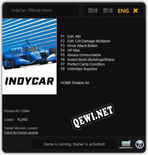 IndyCar: Official Game: Трейнер +8 [v1.1]
