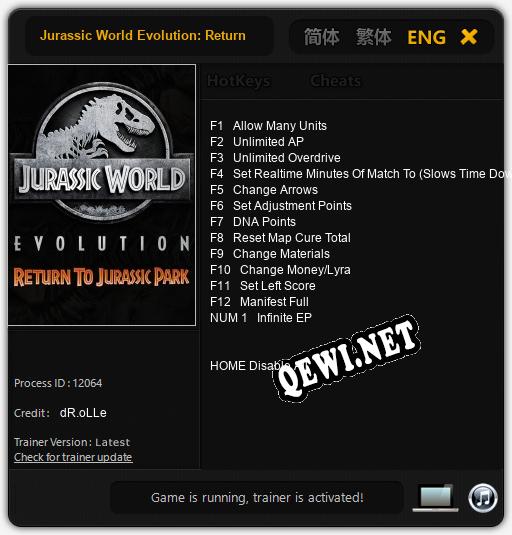 Трейнер для Jurassic World Evolution: Return To Jurassic Park [v1.0.1]