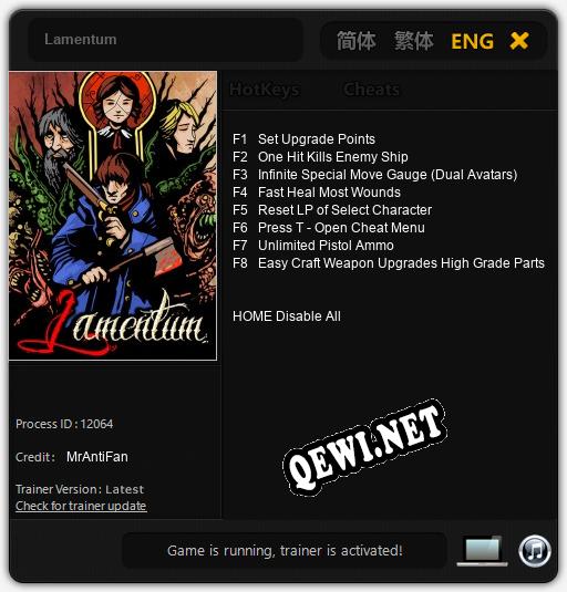 Трейнер для Lamentum [v1.0.9]