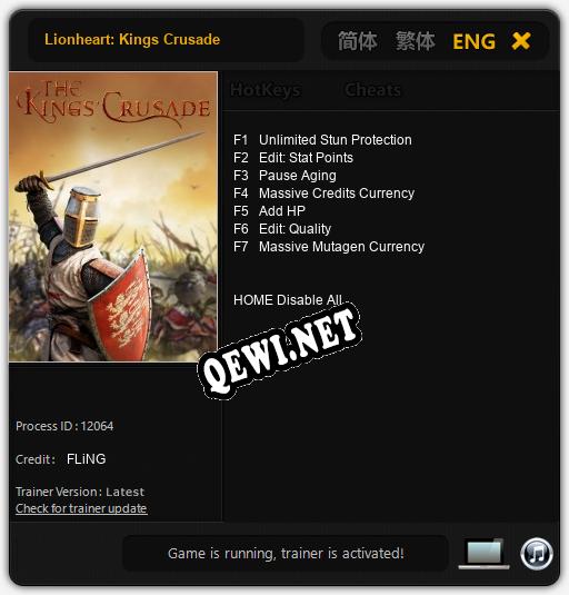 Трейнер для Lionheart: Kings Crusade [v1.0.8]