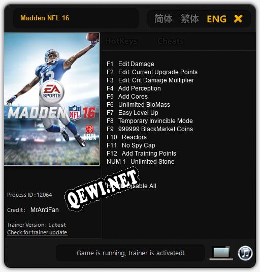 Madden NFL 16: ТРЕЙНЕР И ЧИТЫ (V1.0.89)