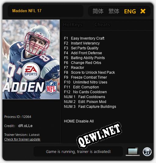 Madden NFL 17: ТРЕЙНЕР И ЧИТЫ (V1.0.21)