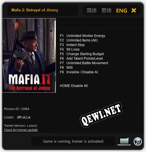 Mafia 2: Betrayal of Jimmy: Трейнер +9 [v1.3]