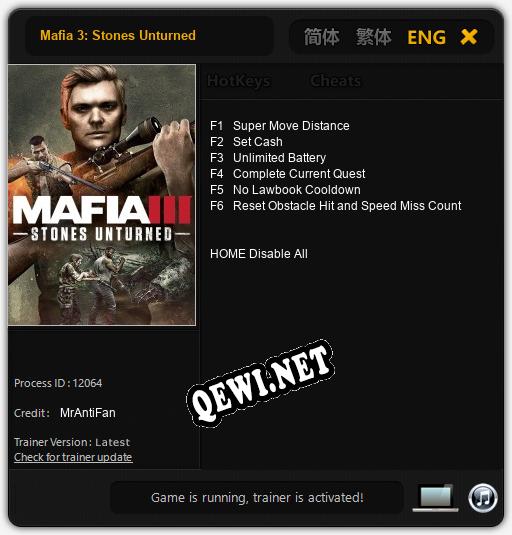 Трейнер для Mafia 3: Stones Unturned [v1.0.7]