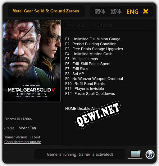 Трейнер для Metal Gear Solid 5: Ground Zeroes [v1.0.8]