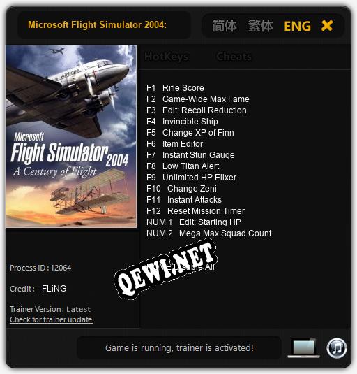 Microsoft Flight Simulator 2004: A Century of Flight: Трейнер +14 [v1.9]