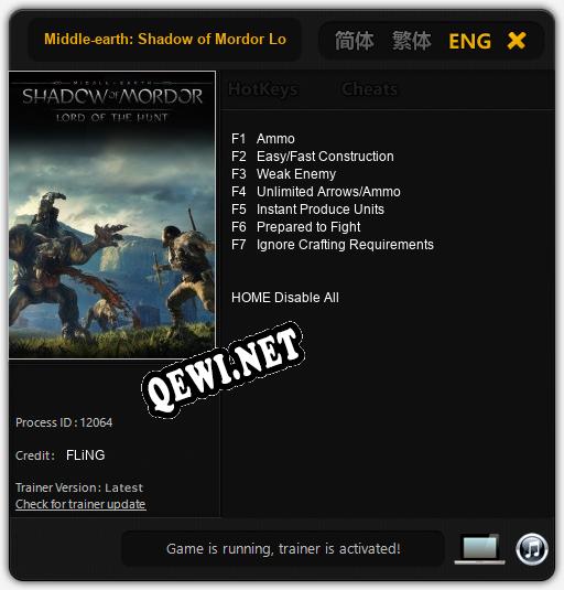 Трейнер для Middle-earth: Shadow of Mordor Lord of the Hunt [v1.0.5]
