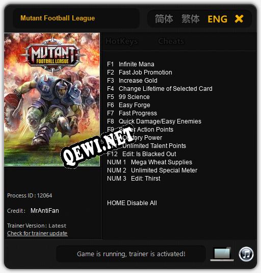 Mutant Football League: Читы, Трейнер +15 [MrAntiFan]