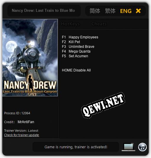 Трейнер для Nancy Drew: Last Train to Blue Moon Canyon [v1.0.2]