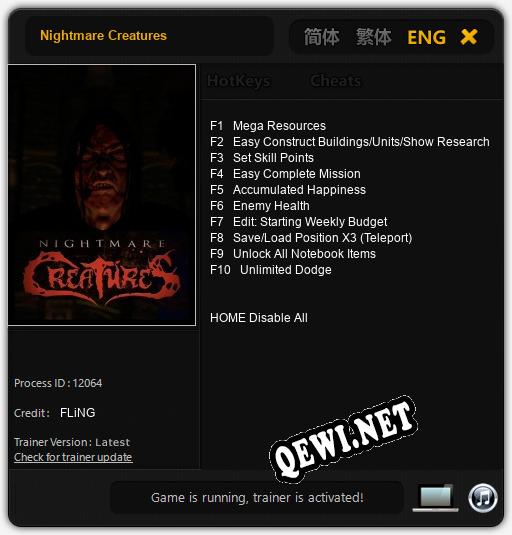 Nightmare Creatures: Трейнер +10 [v1.3]