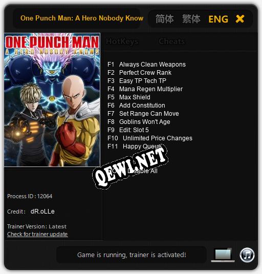 Трейнер для One Punch Man: A Hero Nobody Knows [v1.0.9]